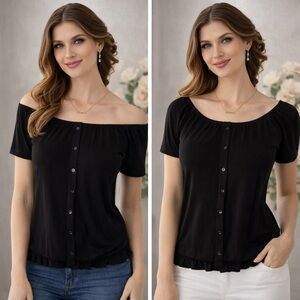 Ricki’s Black Off-Shoulder Button Front Top Ruffle Hem Blouse Soft T Shirt XS